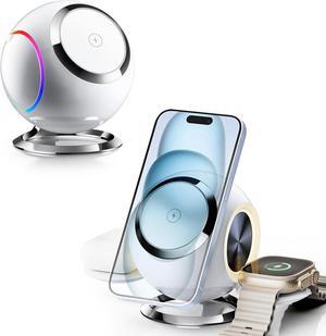 Venus 3 in 1 Wireless Charging Station for Apple MagSafe Charger, PEXXUS Magnetic Mag-Safe Charger Stand(30W Adapter)Compatible for iPhone 15,14,13,12 Pro/Pro Max,Apple Watch Series 1-9/Ultra,AirPods