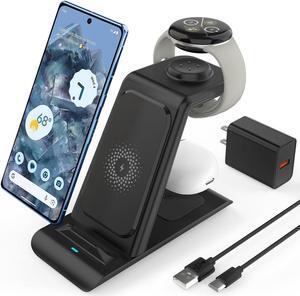 Upgraded 3 in 1 Wireless Charger for Google Pixel Watch 2/Fitbit Versa 4/Versa 3/Sense 2, Pixel 8/7/6 (pro)/7a/5, Pixel Buds Pro, Wireless Charging Station for Multiple Devices iPhone/Airpods(Black)