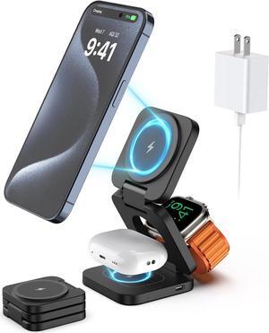 Foldable 3 in 1 Charging Station for Apple, KU XIU Fast Magnetic Wireless Charger Compatible with iPhone 15 14 13 12 Pro/Max/Plus, 5W for Apple Watch 9/8/7/6/5/4/3/2/SE/Ultra 2, AirPods 3/2/Pro(Black)