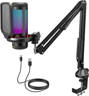Gaming USB Microphone Set for PC,  RGB Condenser Mic with Boom Arm Quick Mute, RGB Lighting, Pop Filter, Shock Mount, Gain Control for Streaming Podcasting Recording Discord Twitch YouTube TC310+