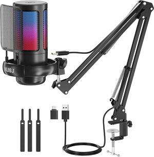 USB Gaming Microphone for PC, Condenser Mic with Boom Arm for PS4/ PS5/ Mac/Phone with Touch Mute, RGB Lighting,Gain knob & Monitoring Jack for Streaming,Podcasting,YouTube