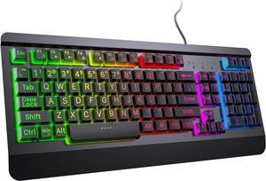Large Print Rainbow Backlit Gaming Keyboard, Wired USB Light Up Computer Keyboard with Big Letters Keys,12 Multimedia Keys, Wrist Rest, All-Metal Panel,Full Size Keyboard, for PC,Laptop