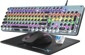 Typewriter Mechanical Gaming Keyboard with Mouse, Metal Panel Retro Keyboard with Round Keycap Blue Switch, RGB Backlit 104 Keys Anti-Ghost Wired Keyboard Mouse and Pad Combo for PC Laptop Mac Gamer