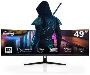 GPVHOSO 49 Inch Curved Ultrawide Gaming Monitor, 4k Monitor(3840x1080P), 165Hz, 1500R HDR10, 32:9, AMD FreeSync, 125% sRGB, HDMI/DP VESA100*100mm