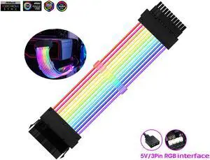 Addressable RGB Power Extension Cable  18AWG 24Pin ATX Power Supply PSU Cable with Combs 24CM Sleeved Cable Extension PC Kit