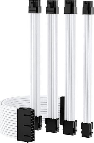 Mod Sleeved Cable, White Power Supply Cable Extension Kit, 24PIN ATX, 4+4 PIN EPS, Dual 6+2 PIN PCIE, 6 PIN PCI-E