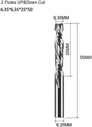 10Psc 6.35x25mm UP And DOWN Cut Two Flutes Spiral Carbide Mill Tool Cutters for CNC Router Compression Wood End Mill Cutter
