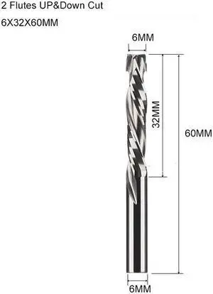 Two Flutes UP And DOWN Cut Spiral Carbide Mill Cutters for Compression Wood PVC End Mill Cutter Bits(6X32X60MM
