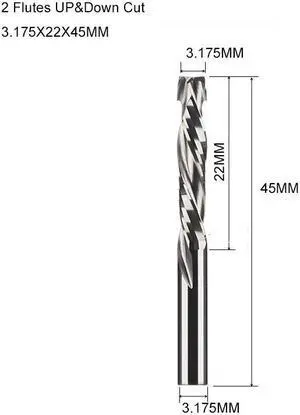 1 pieces 3.175X22X45MM Two Flutes UP And DOWN Cut Spiral Carbide Mill Cutters for Compression Wood PVC End Mill Cutter Bits