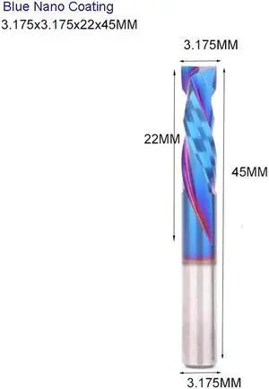 1 pieces 3.175X22X45 BlueNano Two Flutes UP And DOWN Cut Spiral Carbide Mill Cutters for Compression Wood PVC End Mill Cutter Bits