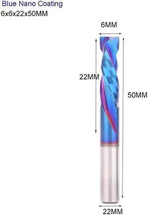 1 pieces 6X22X50MM BlueNano Two Flutes UP And DOWN Cut Spiral Carbide Mill Cutters for Compression Wood PVC End Mill Cutter Bits