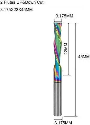 1 pieces 3.175X22X45 DLC Coat Two Flutes UP And DOWN Cut Spiral Carbide Mill Cutters for Compression Wood PVC End Mill Cutter Bits