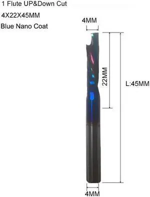 5 pieces 4X22 Blue Nano One Flute UP DOWN Cut Spiral Carbide Mill Tool Cutters for Compression Wood End Mill Cutter Bits