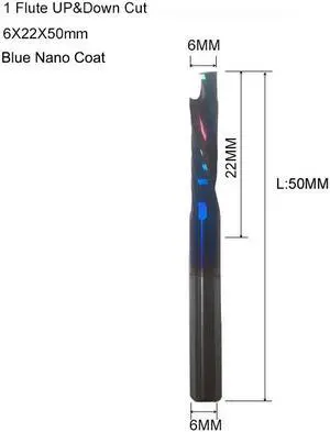 5 pieces 6X22 Blue Nano One Flute UP DOWN Cut Spiral Carbide Mill Tool Cutters for Compression Wood End Mill Cutter Bits
