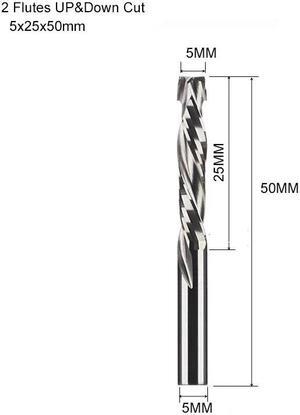5Pcs 5x25mm UP And DOWN Cut Two Flutes Spiral Carbide Mill Tool Cutters for CNC Router Compression Wood End Mill Cutter