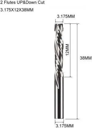 10 pieces 3.175X12X38MM  Two Flutes UP And DOWN Cut Spiral Carbide Mill Cutters for Compression Wood PVC End Mill Cutter Bits