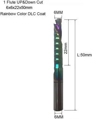 1Pcs 6X22X50mmRainbow 3A UP DOWN Compound Single Flute Spiral Carbide Mill Tool Cutters for Compression Wood End Mill Cutter