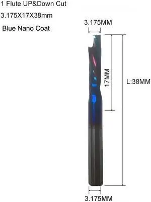 1Pcs 3.175X17X38mm Blue 3A UP DOWN Compound Single Flute Spiral Carbide Mill Tool Cutters for Compression Wood End Mill Cutter
