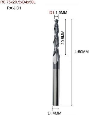 R0.75x20.5xD4x50L HRC55 Tapered Ball Nose End Mill Tungsten Solid Carbide Coated Tapered Cone Cnc Milling Cutter