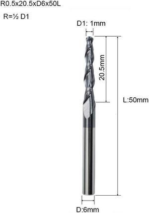 R0.5x20.5xD6x50L HRC55 Tapered Ball Nose End Mill Tungsten Solid Carbide Coated Tapered Cone Cnc Milling Cutter
