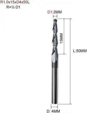 R1.0x15xD4x50L HRC55 Tapered Ball Nose End Mill Tungsten Solid Carbide Coated Tapered Cone Cnc Milling Cutter