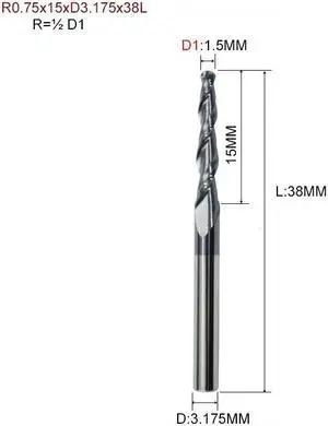 R0.75x15xD3.175x38L HRC55 Tapered Ball Nose End Mill Tungsten Solid Carbide Coated Tapered Cone Cnc Milling Cutter