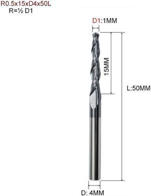 R0.5x15xD4x50LHRC55 Tapered Ball Nose End Mill Tungsten Solid Carbide Coated Tapered Cone Cnc Milling Cutter