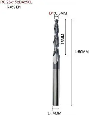R0.25x15xD4x50L HRC55 Tapered Ball Nose End Mill Tungsten Solid Carbide Coated Tapered Cone Cnc Milling Cutter