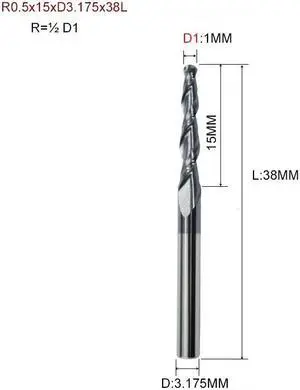 R0.5x15xD3.175x38L HRC55 Tapered Ball Nose End Mill Tungsten Solid Carbide Coated Tapered Cone Cnc Milling Cutter