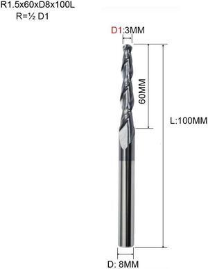 R1.5x60xD8x100L HRC55 Tapered Ball Nose End Mill Tungsten Solid Carbide Coated Tapered Cone Cnc Milling Cutter