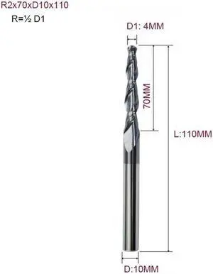 R2.0x70xD10x110L HRC55 Tapered Ball Nose End Mill Tungsten Solid Carbide Coated Tapered Cone Cnc Milling Cutter