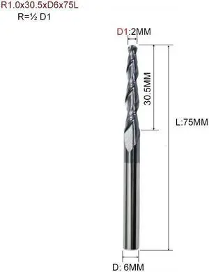 R1.0x30.5xD6x75L HRC55 Tapered Ball Nose End Mill Tungsten Solid Carbide Coated Tapered Cone Cnc Milling Cutter