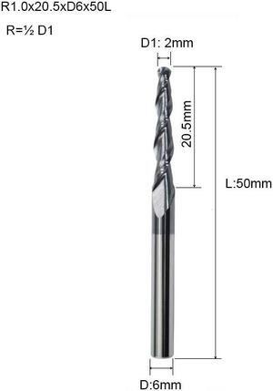 R1.0x20.5xD6x50L HRC55 Tapered Ball Nose End Mill Tungsten Solid Carbide Coated Tapered Cone Cnc Milling Cutter