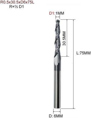 R0.5x30.5xD6x75L HRC55 Tapered Ball Nose End Mill Tungsten Solid Carbide Coated Tapered Cone Cnc Milling Cutter