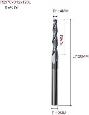 1pc Tapered Ball Nose End Mill Tungsten Solid Carbide Coated Tapered Cone Cnc Milling Cutter R2.0x70xD12x120L