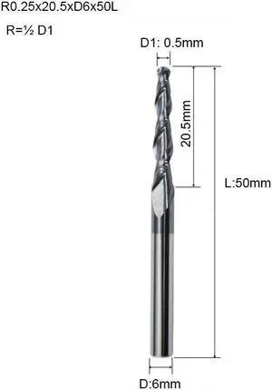 1pc Tapered Ball Nose End Mill Tungsten Solid Carbide Coated Tapered Cone Cnc Milling Cutter R0.25x20.5xD6x50L