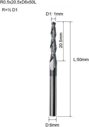1pc Tapered Ball Nose End Mill Tungsten Solid Carbide Coated Tapered Cone Cnc Milling Cutter R0.5x20.5xD6x50L