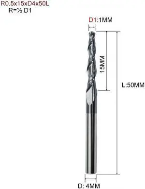 1pc Tapered Ball Nose End Mill Tungsten Solid Carbide Coated Tapered Cone Cnc Milling Cutter R0.5x15xD4x50L