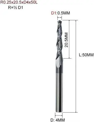 1pc Tapered Ball Nose End Mill Tungsten Solid Carbide Coated Tapered Cone Cnc Milling Cutter R0.25x20.5xD4x50L