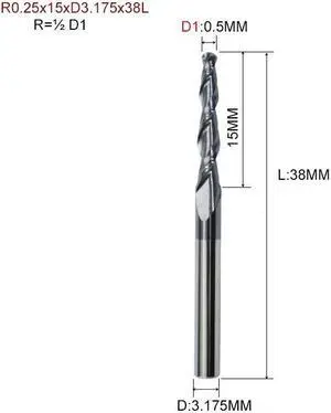 1piece HRC55 Tapered Ball Nose End Mill Tungsten Solid Carbide Coated Tapered Cone Cnc Milling Cutter (R0.25x15xD3.175x38L