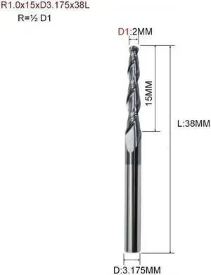 1piece HRC55 Tapered Ball Nose End Mill Tungsten Solid Carbide Coated Tapered Cone Cnc Milling Cutter (R1.0x15xD3.175x38L