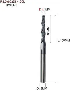 1piece HRC55 Tapered Ball Nose End Mill Tungsten Solid Carbide Coated Tapered Cone Cnc Milling Cutter (R2.0x60xD8x100L