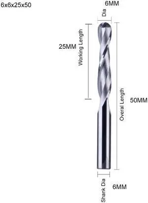 1piece  2 Flute Spiral Ball Nose End Mill CNC Router Bits for Wood Tungsten Carbide Milling Route Tool Wood Tools 6x6x25x50