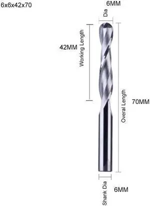 1piece  2 Flute Spiral Ball Nose End Mill CNC Router Bits for Wood Tungsten Carbide Milling Route Tool Wood Tools 6x6x42x70