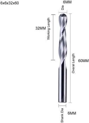 1piece  2 Flute Spiral Ball Nose End Mill CNC Router Bits for Wood Tungsten Carbide Milling Route Tool Wood Tools 6x6x32x60