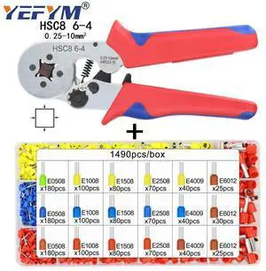 First picture~HSC8 6-4 ferrule Crimping pliers 0.25-10mm² Automatic crimping wire crimper tools mini electrician suit kit with terminals box(Blue HSC8 6-4 1490H
)