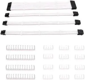 Sleeved Cable PC PSU Extension Cable Kit 18AWG 24Pin Motherboard, 8 (4+4) Pin CPU, 8 (6+2) Pin PCI-E Power Cables+Combs(white)