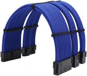 Soft Braided ATX PSU Power Extension Cable 24Pin + CPU 8Pin + GPU 8pin (6+2)Pin PCI-E Kit for Motherboard CPU Cord(Blue)