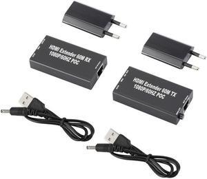 60M 1080p 3D HDMI-Compatible Extender Cat5e Cat 6 Ethernet Signal RJ45 Lan Converter HDMI-Compatible Transmitter Receiver TX RX(With Eu power supply)