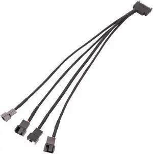 Black Sleeved 30cm Cooler Cooling Fan Splitter Power Cable 12V 4-Pin To 6 Port 3Pin/4Pin Connector for Molex IDE Computer PC DIY(1 in 4)